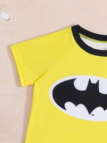 BATMAN X SHEIN GraphicGems 男童蝙蝠印花泳衣套装，适合海滩、度假、派对、游泳池等场合 - 彩色 - 查看 4