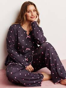 Elorette Conjunto de pijama de manga larga con estampado de corazón, volantes acanalados y lazo para mujer de talla grande, ropa de otoño e invierno para curvas - Negro - Ver 6