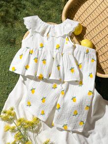 SHEIN Vintaside Kids 2 Stücke/Set Kleinkind Mädchen Gestrickte Zitronen Ärmellose Spitzenkragen Bluse und Gerade Bein Hose, bequemer Kinder Casual Outfit für Sommerliche Outdoor Aktivitäten - Weiss - Übersicht 3
