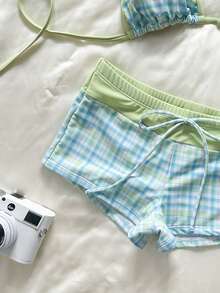 Swim Mod Women's Swimwear Bikini,Check Graphic Gingham Swimshorts,Blue,Summer,Cute,Retro Vintage,Pool Party,Holiday,Boho Vacation,Beach Outfits,Fourth Of July - Lime Green - View 5