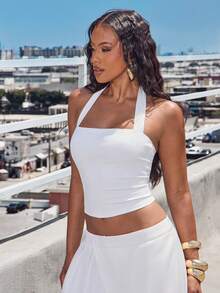 Denimoi Everyday Wear Bodycon Halter Top Layering Piece Elevated Basic Top Essential Top Fashion Tops Party Vacation Going Out White Summer Sexy - White - View 3