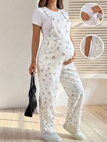 SHEIN Bộ áo liền quần họa tiết hoa nhí dành cho bà bầu - trắng - Xem 4