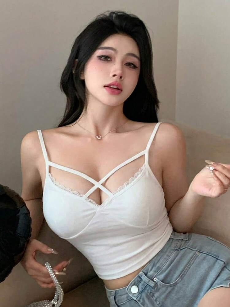 Women's Lace Patchwork Criss-Cross Camisole, Sexy