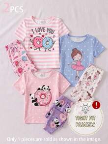 SHEIN Bộ đồ ngủ 2 món mùa hè cho bé gái, kiểu dáng dễ thương, màu hồng nhạt, họa tiết sọc hình bánh donut và trái tim, gồm quần legging tay ngắn. - Nhiều màu - Xem 5