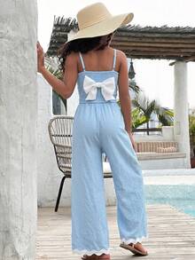 SHEIN Tween Mädchen T-Shirt Co-Ords aus strukturiertem Stoff mit Kontrastsaum, ärmelloses Top & lässig Shorts Set, Blümchen Cami Top & Shorts Set für den täglichen lässig Wear - Babyblau - Übersicht 4