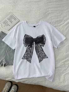 SHEIN EZwear 100%純棉女款休閒寬鬆圓領T恤，蝴蝶結裝飾，女款休閒夏季上衣 - 白色 - 查看 2