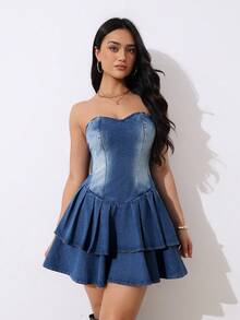 SHEIN Tall Vestido corto de mezclilla sin tirantes con volantes para mujer, atuendos casuales de verano y de fiesta para mujeres, vestido corto de mezclilla sexy sin tirantes de moda para mujer, verano - Azul lavado oscuro - Ver 10