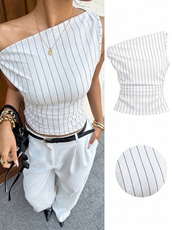 Siren Gaze Women's Black And White Asymmetrical Shoulder Ruched Fitted Casual Smart Casual Business Casual Blouse,Summer Top Office