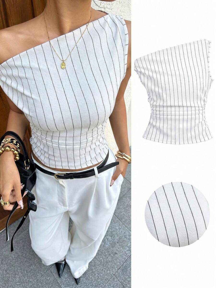 Siren Gaze Blusa casual ajustada con hombro asimétrico fruncido y a rayas para mujer - Blanco - Ver 1