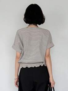 FRIFUL Women's Wavy Striped Loose Contrast Trim Short Sleeve T-Shirt, Summer Casual Wear Graphic Tee - Beige - View 7