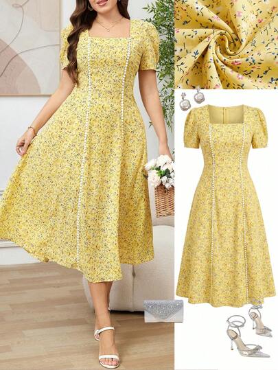 Ellevyn Vestido de mujer talla grande con elegante estampado floral diminuto