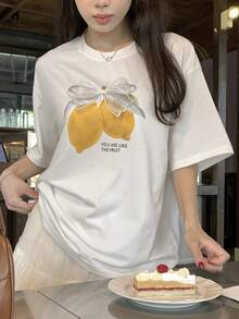 DAZY 女士圆领字母水果印花休闲百搭日常短袖T恤图案T恤女夏季 - 白色 - 查看 6
