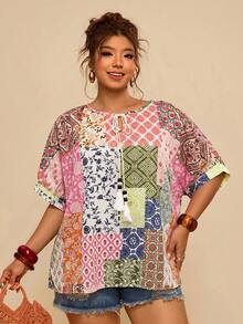 Travachic 大码女式圆领印花休闲百搭日常衬衫 - 彩色 - 查看 6
