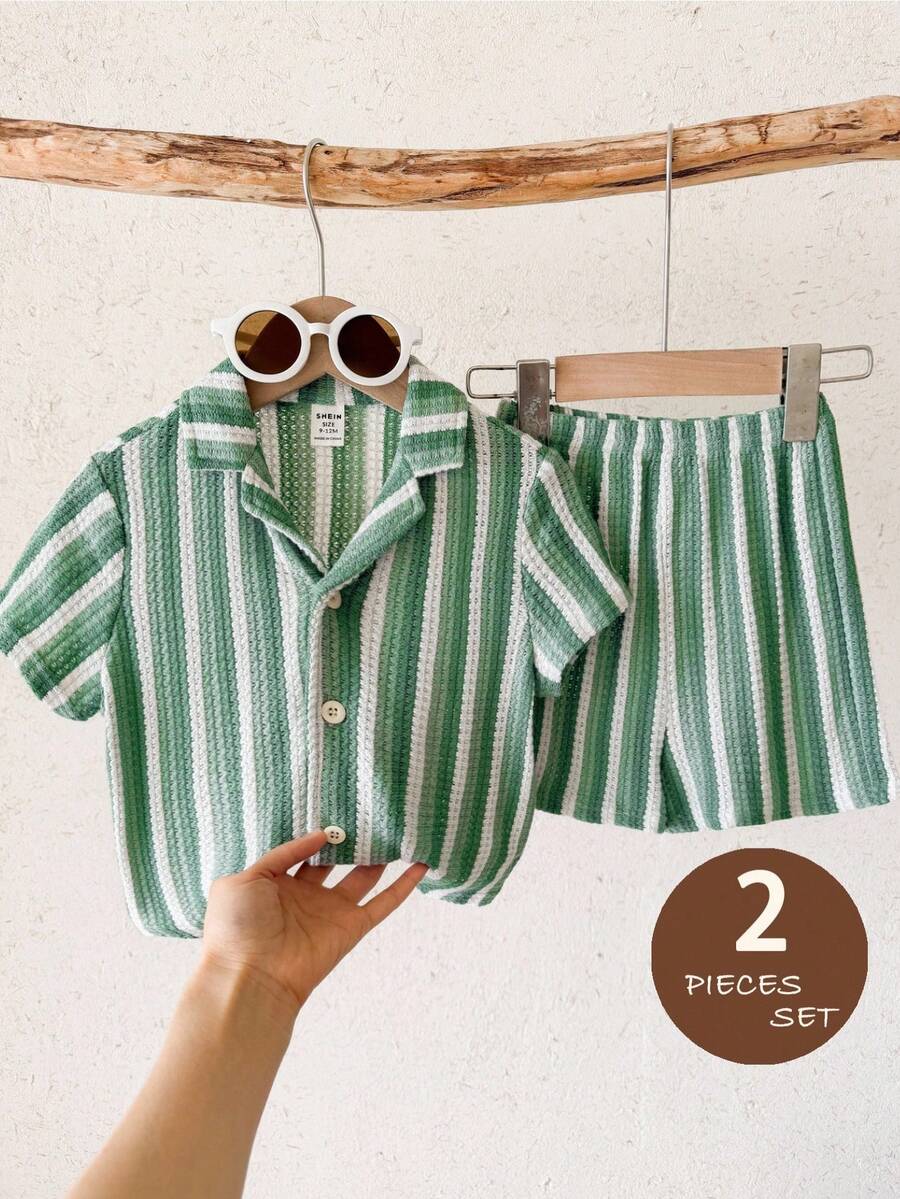 LMoss Kids 2 piezas Conjunto de camisa casual de rayas de punto y pantalones cortos para niño bebé - Verde - Ver 1