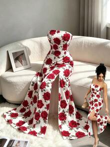 Elenzga Đầm không tay xẻ cao in họa tiết hoa hồng - Màu Hồng Tươi - Xem 1