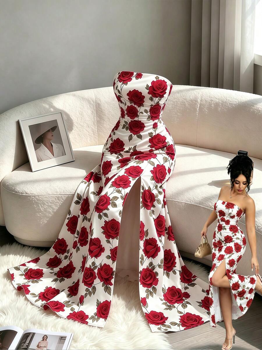 Elenzga Đầm không tay xẻ cao in họa tiết hoa hồng - Màu Hồng Tươi - Xem 1