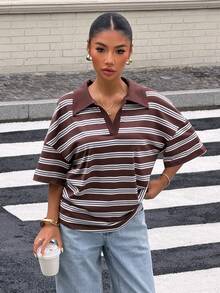 Muchica 棕色条纹针织宽松休闲短袖T恤（女款） - 彩色 - 查看 3