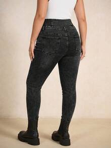 Elaquor Plus Size Casual High Waist Slim Fit Washed Jeans For Women,Dark Blue Winter Casual Night Out Club Y2K Leopard Print Cargo Denim Wide Leg Baggy Pants - Black - View 4
