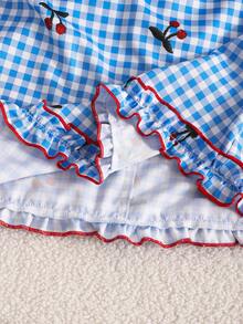SHEIN Elladie kids 1pc Girls' Summer New Off-Shoulder Puff Sleeve Ruffle Trim Bow Tie Waist Plaid A-Line Cute Sweet Princess Dress - Blue and White - View 3