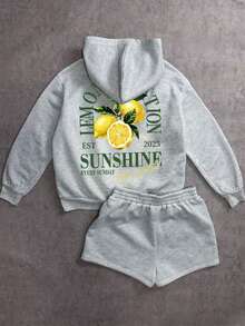 Attitoon Set de 2 piezas con sudadera corta holgada y shorts con estampado de letra de limón en estilo minimalista casual, adecuado para verano, vacaciones, versátil, baile - Gris - Ver 11