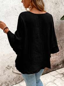 SHEIN LUNE Plus Size Women Casual Loose Textured Yellow Flare Double Layer Sleeve Shirt - Black - View 2