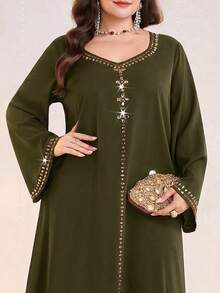 Al Najma Plus Size Women's Rhinestone Embellished Elegant Arabic Style Evening Dress For Party - Army Green - View 1