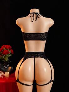 ChaseTheNight 3pcs Women's Sexy Hollow Out Backless Halter Sheer Mesh Lingerie Set For Women,Adult ,Honeymoon,Hot,Date Night, Sexy Lingerie,Sexy Outfit - Black - View 2