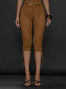 MUSERA Quần legging lửng nữ màu trơn buộc dây, kiểu dáng thường ngày, đa năng, thích hợp cho mùa đông và Giáng sinh. - màu nâu - Xem 2