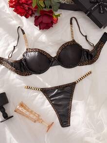 Bare Chapter 2pcs/Set Women's PU Lingerie Set, Metal Chain Sexy Bra And Panty - Black - View 6