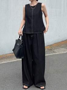FRIFUL Conjunto de chaleco y pantalones de mezclilla casual para mujer - Azul - Ver 2