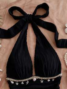 Women's Sleeveless Summer Dress With Halter Neck And Open Back In Solid Color - Black - View 4