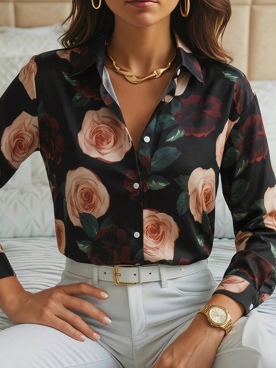 Editum Chemise de navettage à grand imprimé floral pour femmes - Multicolore - Voir 1
