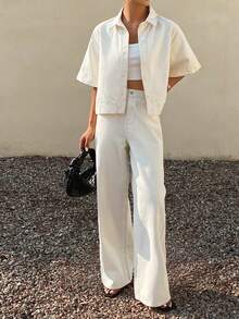 Camisa de mezclilla tipo cardigan de estilo casual y suelto para primavera y verano, blusa blanca, adecuado para el Día de San Valentín, boda, oficina casual, estilo minimalista, al aire libre, casual de negocios, pantalones vaqueros de pierna recta, conjunto de 2 piezas para mujer - Blanco - Ver 3