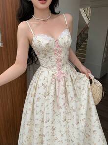 Glamine Charm 女士杏色印花吊带露背系带长连衣裙，粉色碎花连衣裙，优雅度假百搭连衣裙 - 粉色 - 查看 3