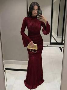 Modelyn Women's Elegant Sheer Mesh Ruffle Sleeve Fitted Fishtail Hem Dress, Suitable For Spring & Autumn - Burgundy - View 7