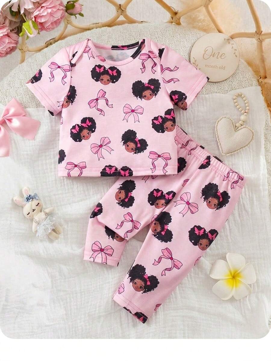 SHEIN 新生女宝宝可爱卡通图案粉色短袖睡衣套装,夏季 - 粉色 - 查看 1