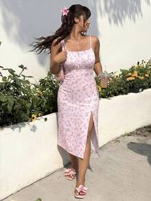 Solflare Plus Size Women's Printed Split Sexy Dress - Pink - View 4