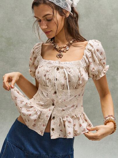 Bohemela Casual Woven Square Collar Short Sleeve Women Shirt