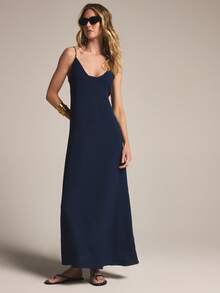 KSTM Vestido largo de verano sin mangas con detalle de cordones en la espalda, vestido de noche de piso de mujer con tirantes de color azul marino - Azul Marino - Ver 4