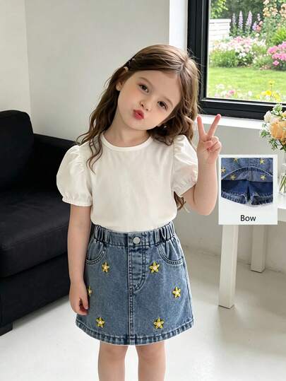 Genkimix Kids Kleine Mädchen Floral Stickerei Elastischer Bund Casual Denim-Shorts, geeignet für Sommerurlaub, täglichen Gebrauch, vielseitig einsetzbar