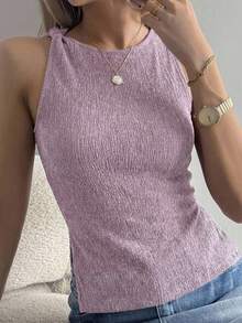 DAZY Áo thun nữ cổ tròn xẻ tà, kiểu dáng thời trang, đa năng, phù hợp mặc hàng ngày và đi nghỉ hè. - Màu tím hoa cà - Xem 3