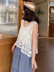 FRIFUL Blusa de punto holgada sin mangas de cuello en V informal para mujer - Beis - Ver 5