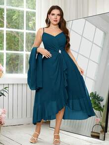 Reflora Gaun Pesta Elegan Wanita Ukuran Besar dengan Hiasan Berlian Imitasi, Atasan Camisole dan Jaket Luar Ringan Transparan, Set 2 Potong - Teal Blue - View 4