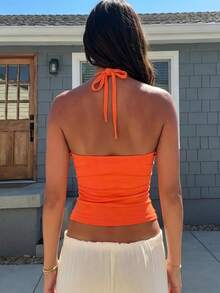 SHEIN Holidaya Áo ôm dáng cổ yếm đính hạt họa tiết hoa nhiệt đới - trái cam - Xem 2