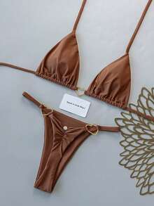 Swim Chiccia New Spring/Summer Heart-Shaped Metal Buckle Halter Bikini Set, Sexy Beach Two Pieces Swimsuit - Coffee Brown - View 3