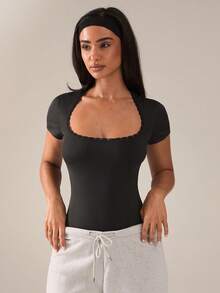 SHEIN BAE 女士蕾丝边修身连体裤，日常穿着和运动皆宜 - 黑色 - 查看 5