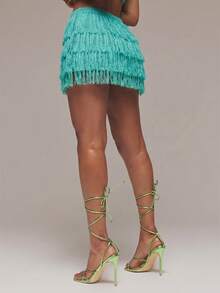MUSERA Sequin Crochet Knit Tiered Fringed Mini Skirt Spring Summer Ibiza Festival Holiday Vacation Cute Sexy Y2k Night Out Club Tropical Seduction - Blue - View 3