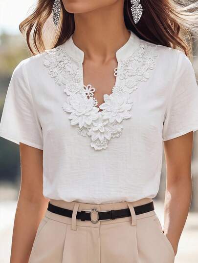 Miaspire Middle-Aged & Elderly Women's Summer Casual Vacation Versatile Notch Neck Contrast Lace Short Sleeve Top