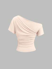Sweetra Neuer Frühling/Sommer Damen stilvoller High Street Chic asymmetrischer Schulter figurbetonte schmale bequeme lässig Sport T-Shirt - Aprikosenfarben - Übersicht 2