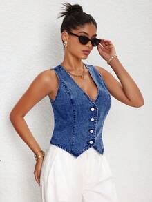 Selenza Chaleco vaquero informal para mujer, primavera verano - Azul lavado medio - Ver 5
